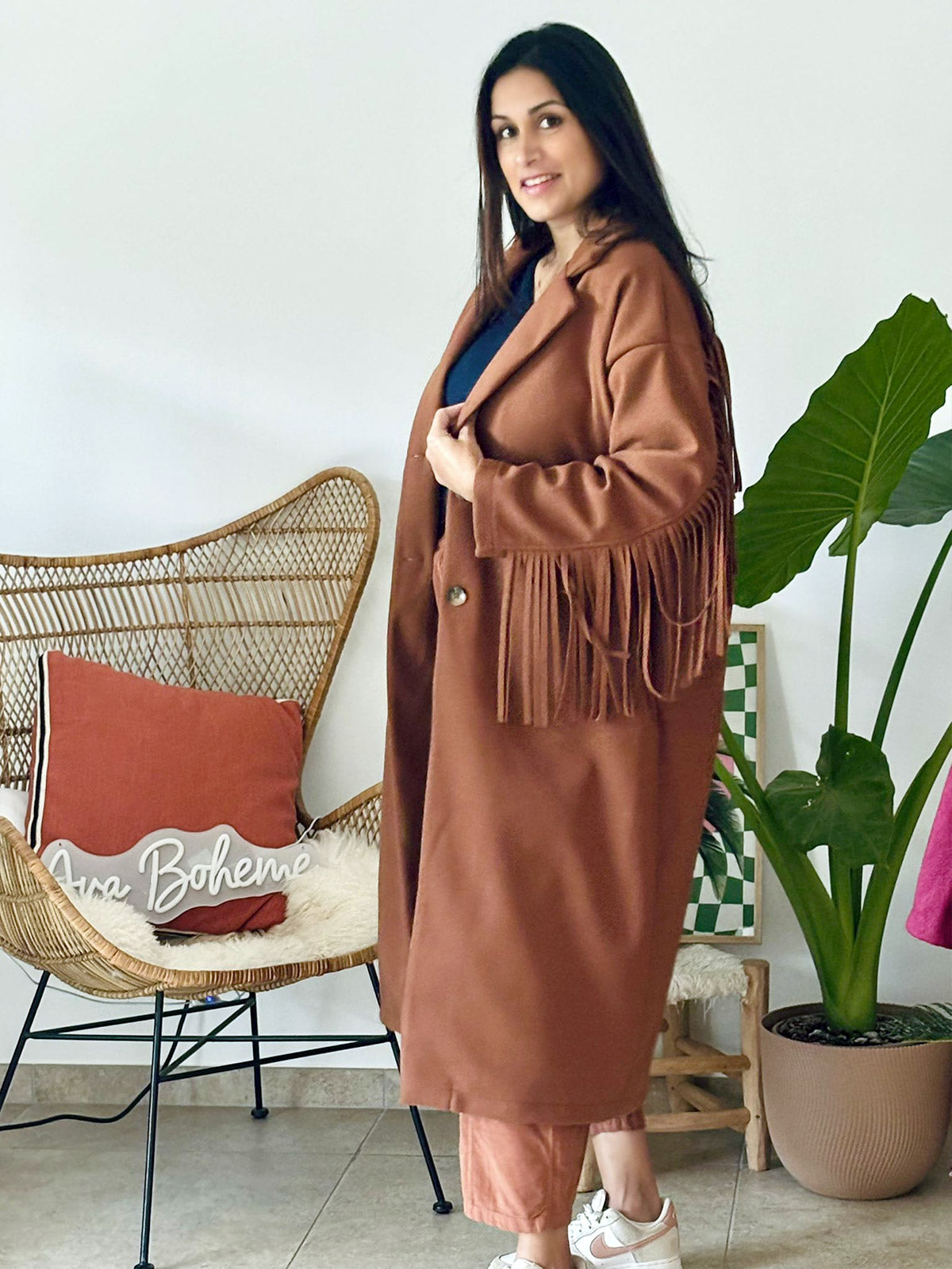 Manteau à franges Tulum marron