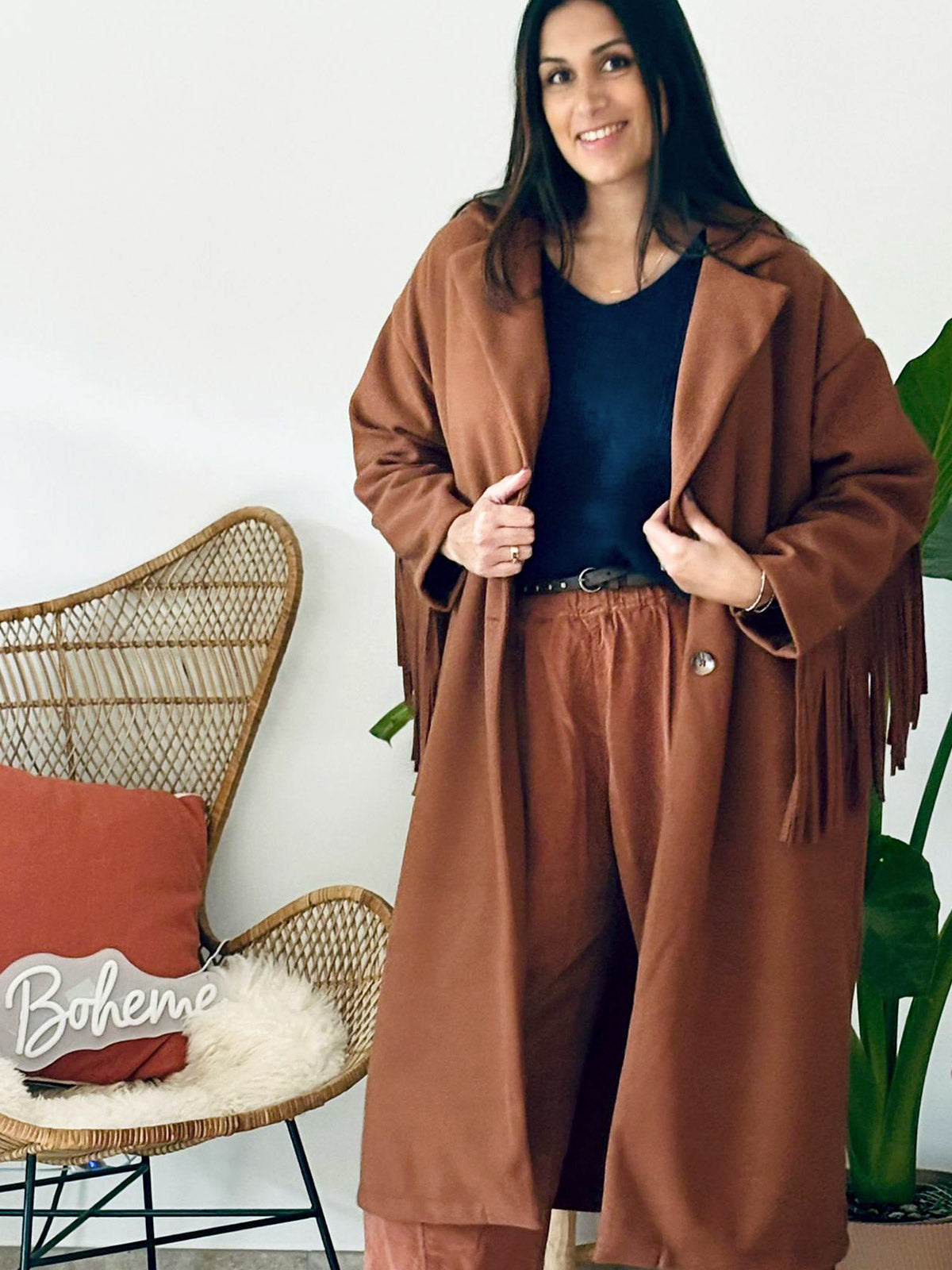 Manteau à franges Tulum marron